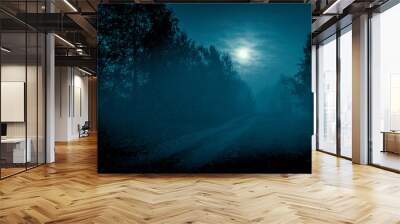 Mysterious landscape in cold tones - silhouettes of the trees along night rural road under the full moon through dramatic cloudy sky. Wall mural