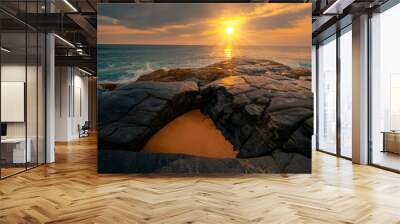 Rocks and stones at the ocean coast under a beautiful sunset sky with clouds on Sri Lanka island. Wall mural