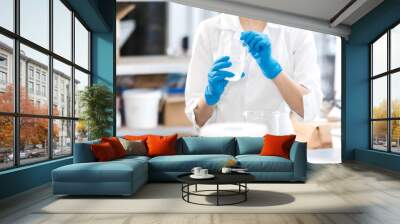 Small business people at work. Young woman working at the laboratory of cosmetic production. Mixing ingredients. Young technologist making face care creams. Private small cosmetic products factory. Wall mural