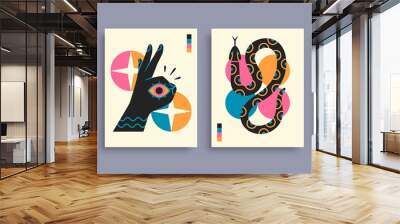 Abstract poster collection with hands, animals and abstract elements and shapes. Set of contemporary print templates. Vector illustration Wall mural