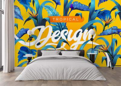 Bright tropical background with jungle plants. Exotic pattern with tropical leaves Wall mural