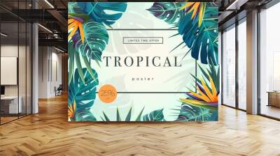 Bright tropical background with jungle plants. Exotic pattern with tropical leaves Wall mural