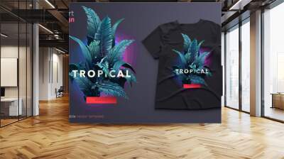 Bright tropical design for t-shirt or poster with jungle plants. Exotic illustration Wall mural