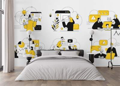 business concept illustrations. collection of scenes at office with men and women taking part in bus Wall mural