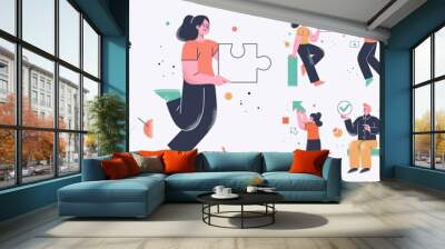 Business Concept illustrations. Collection of scenes with men and women taking part in business activities. Trendy style. Wall mural