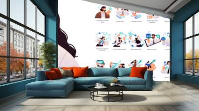 Business Marketing illustrations. Mega set. Collection of scenes with men and women taking part in business activities. Trendy vector style Wall mural