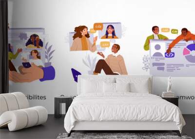 Business Teamwork illustrations. Collection of scenes with men and women taking part in business activities. Trendy style Wall mural