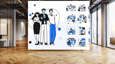 Business Teamwork illustrations. Mega set. Collection of scenes with men and women taking part in business activities. Trendy style Wall mural