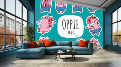 Cartoon pig character. Emoticon Stickers with different emotions. Vector illustration. Wall mural