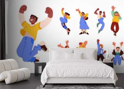 Celebrating people illutrations. Collection of scenes with men and women happy jumping celebrating event or ceremony. Wall mural