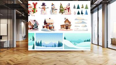 Christmas kit for creating postcards or posters. Included snow-covered houses, Santa Clauses, snowmen, Christmas trees, various snow drifts, lettering for headlines and backgrounds Wall mural