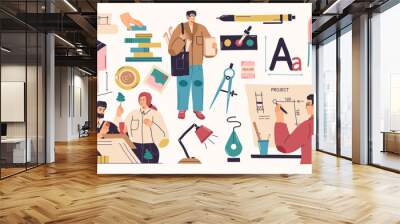 Collection of male and female architects and construction engineers working on architecture project. Vector illustration Wall mural