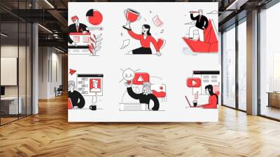 collection of scenes at office. bundle of men and women taking part in business meeting, negotiation Wall mural