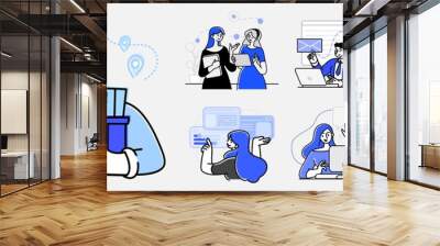 collection of scenes at office. bundle of men and women taking part in business meeting, negotiation Wall mural