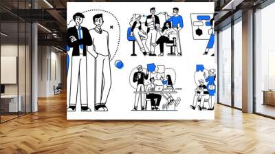 Collection of succesfull team illustrations . Bundle of men and women taking part in business meeting, negotiation, brainstorming, talking to each other. Teamwork concept outline vector illustrations. Wall mural