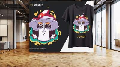 Crazy mushroom. Prints on T-shirts, sweatshirts, cases for mobile phones, souvenirs. Isolated vector illustration on black background. Wall mural