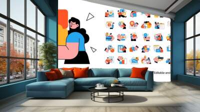 Digital Marketing illustrations. Mega set. Collection of scenes with men and women taking part in business activities. Trendy vector style Wall mural