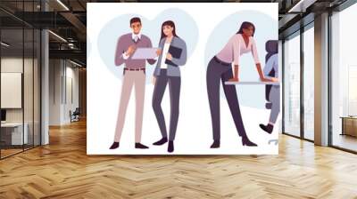 Flat style business people characters in workplace. Male and female persons in office room. Businessmen and businesswomen at work place. Wall mural