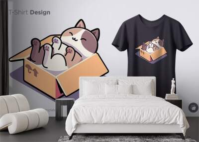 Funny cat sitting in cardboard box. Print on T-shirts, sweatshirts, cases for mobile phones, souvenirs. Vector illustration Wall mural