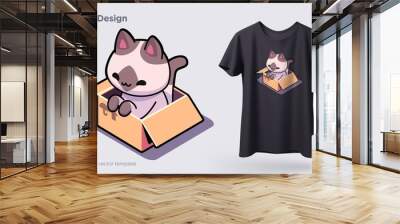 Funny cat sitting in cardboard box. Print on T-shirts, sweatshirts, cases for mobile phones, souvenirs. Vector illustration Wall mural