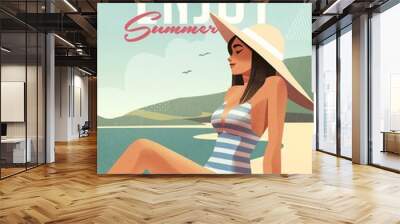 Girl relaxing on the beach. Summer vacation poster or flyer design template with sexy female on the beach. Party invitation. Modern style. Vector illustration Wall mural