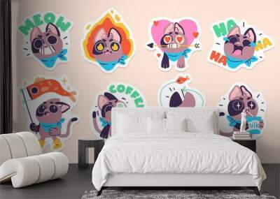 Illustration of a funny cat in diferent situations. Set of stickers, badges, patches. Vector Wall mural