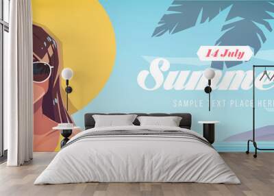 Illustration of girl in a hat on a tropical landscape background. Summer vacation poster or flyer Wall mural