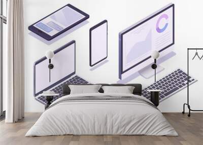 Isometric device set. Monitor, laptop, tablet, smartphone Wall mural