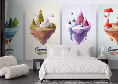 Low polygonal geometric nature islands. Vector Illustration, low poly style. Background design for banner, poster, flyer, cover, brochure. Wall mural