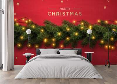 Merry Christmas greeting banner with Chrirstmas decor fir twigs and confetti, vector illustration. Wall mural