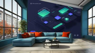 Modern smartphone app interface design mockup. Vector isometric illustration. Wall mural