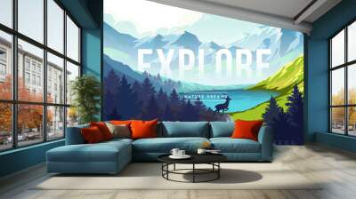 Nature landscape background with silhouettes of mountains and trees Wall mural