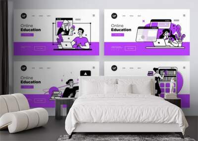 Online Education Concept. Collection of web page templates for Education courses. Outline vector style. Wall mural