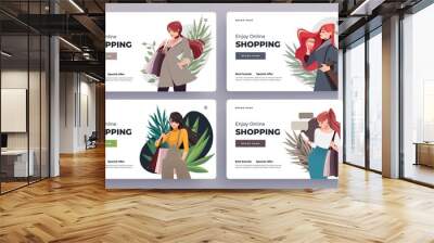 Online shopping landing page or banner templates. Girls with shopping, packages. Flat Happy Female Characters with Shopping Bags. Vector Illustration Wall mural