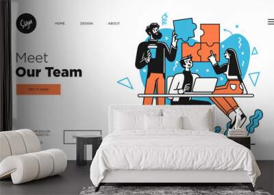 Presentation slide template or landing page website design. Business concept illustrations. Modern flat outline style. Teamwork concept Wall mural