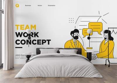 Presentation slide template or landing page website design. Business concept illustrations. Modern flat outline style. Teamwork concept Wall mural