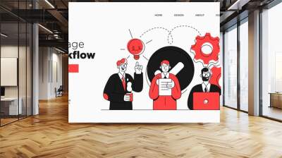 Presentation slide template or landing page website design. Business concept illustrations. Modern flat outline style. Workflow management Wall mural