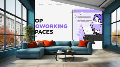 Presentation slide template or landing page website design. Business concept illustrations. Modern flat outline style. Working space concept Wall mural