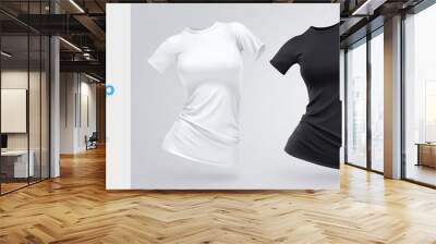 Realistic Template Blank White and Black Woman T-shirt Cotton Clothing. Empty Mock Up Wall mural