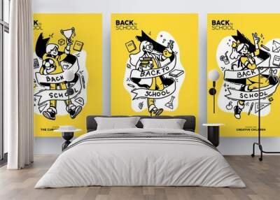 set of back to school greeting cards, posters or flyers. cute happy children ready go back to school Wall mural