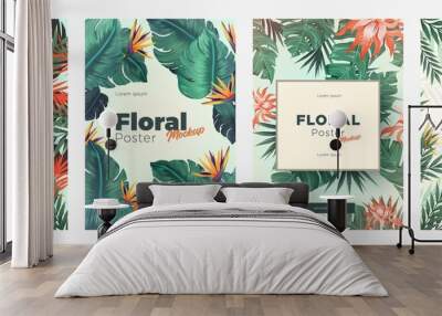 Set of Bright tropical backgrounds with jungle plants. Exotic patterns with tropical leaves Wall mural