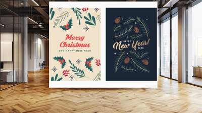 Set of Christmas and Happy New Year Floral Card templates. Trendy retro style. Vector design element. Wall mural