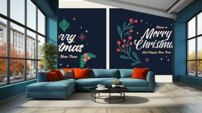 Set of Christmas and Happy New Year Floral Card templates. Trendy retro style. Vector design element. Wall mural