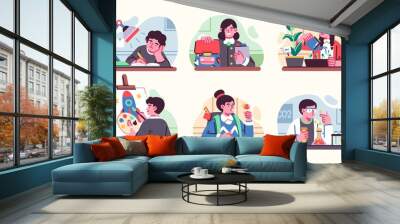 Set of Illustrations with cute happy little children at school. Vector flat style Wall mural