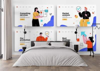 Set of Presentation slide templates or landing page websites design. Business concept illustrations. Modern flat outline style. Wall mural