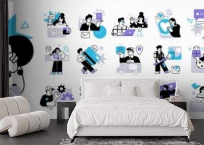 Social Media Marketing illustrations. Mega set. Collection of scenes with men and women taking part in business activities. Trendy vector style Wall mural