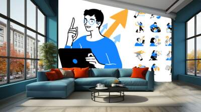 Social Media Marketing illustrations. Mega set. Collection of scenes with men and women taking part in business activities. Trendy vector style Wall mural