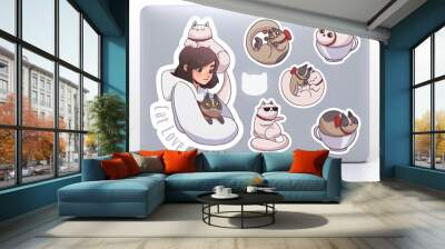 Sticker set with cute girl and cats. Vector illustration Wall mural