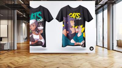 Stylish girls with their cats. Prints on T-shirts, sweatshirts, cases for mobile phones, souvenirs. Vector illustration. Wall mural