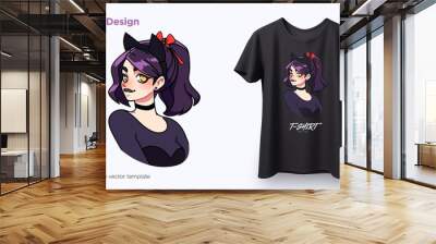 T-shirt design of cute stylish smiling girl with cat ears. Anime style illustration for t-shirts, posters, sweatshirts and souvenirs Wall mural